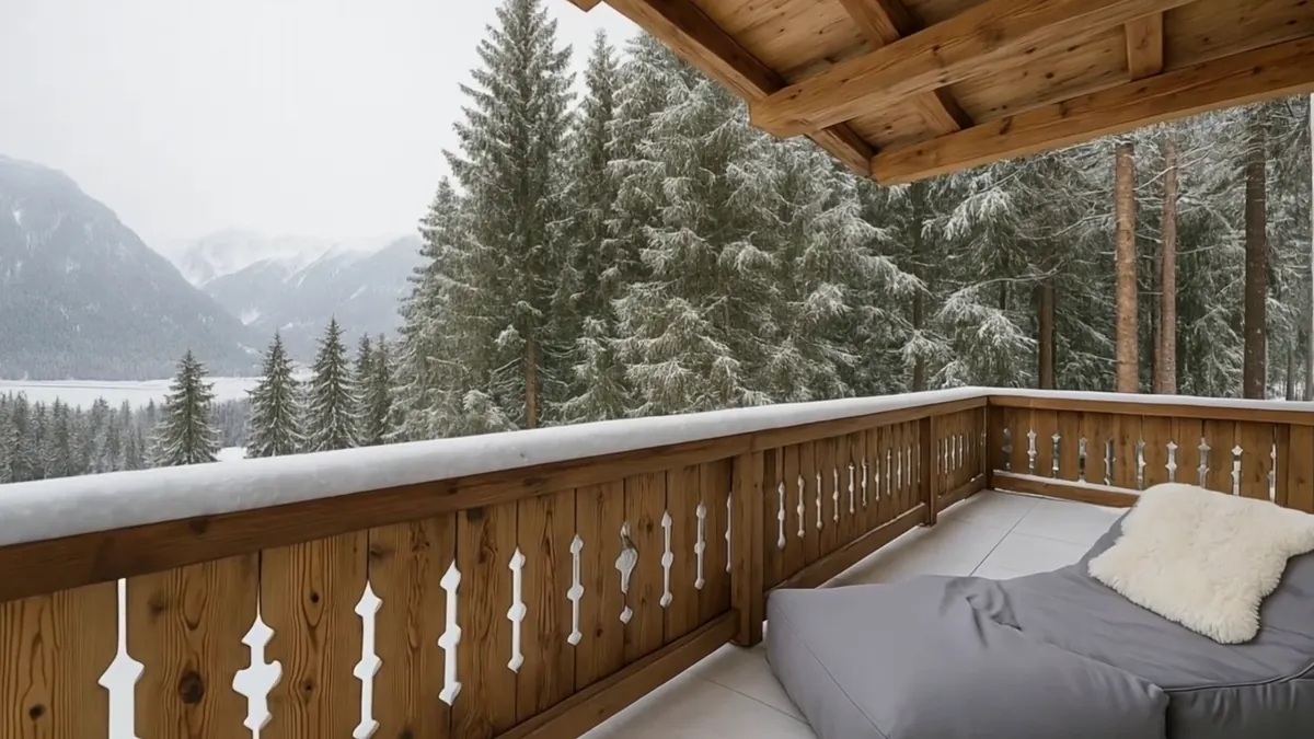 Der Balkon des Chalets im Winter mit Liegesack und Fell, davor verschneite Tannen und das Tal