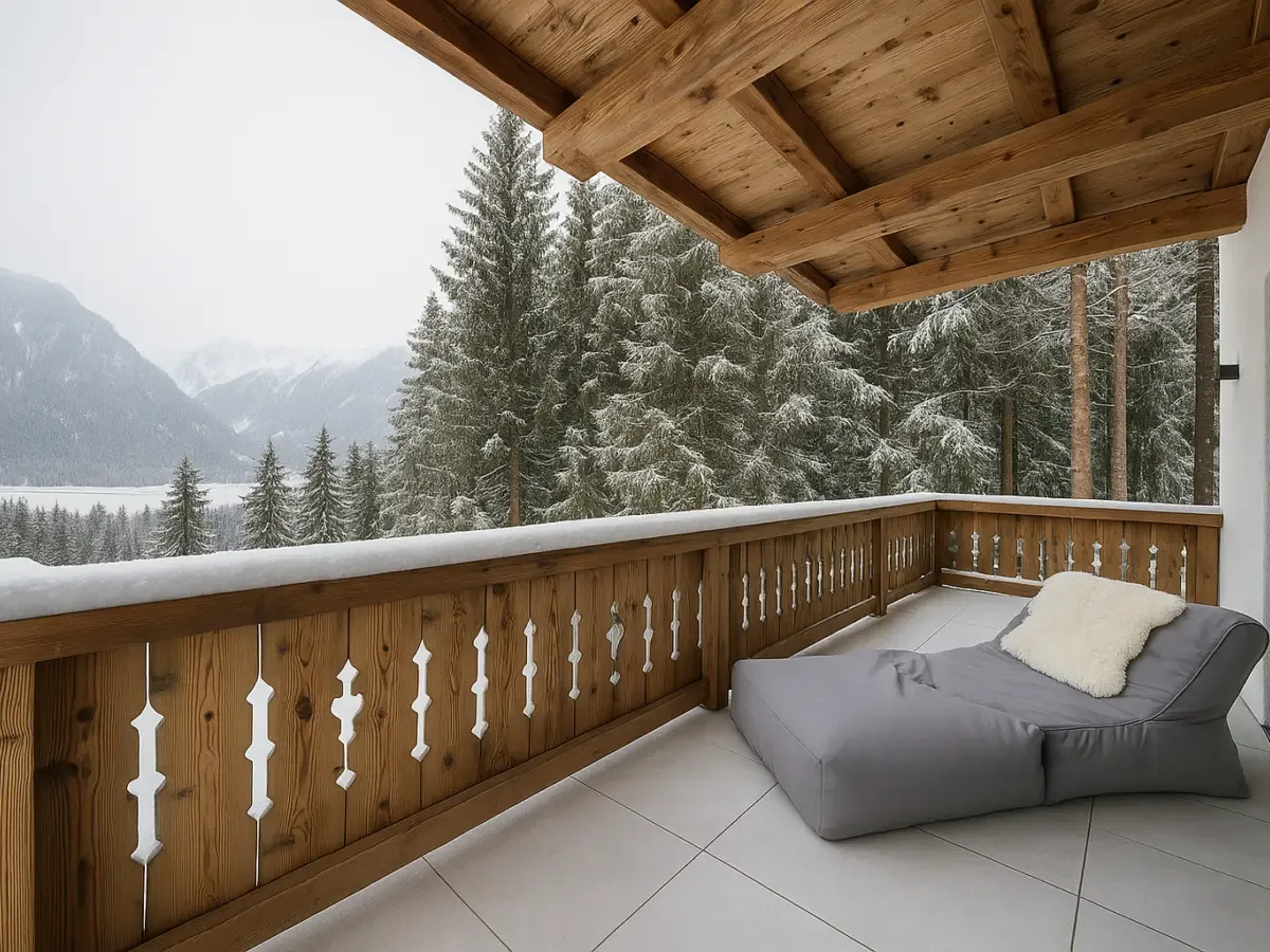 Der Balkon im Winter mit Blick auf die Berge
