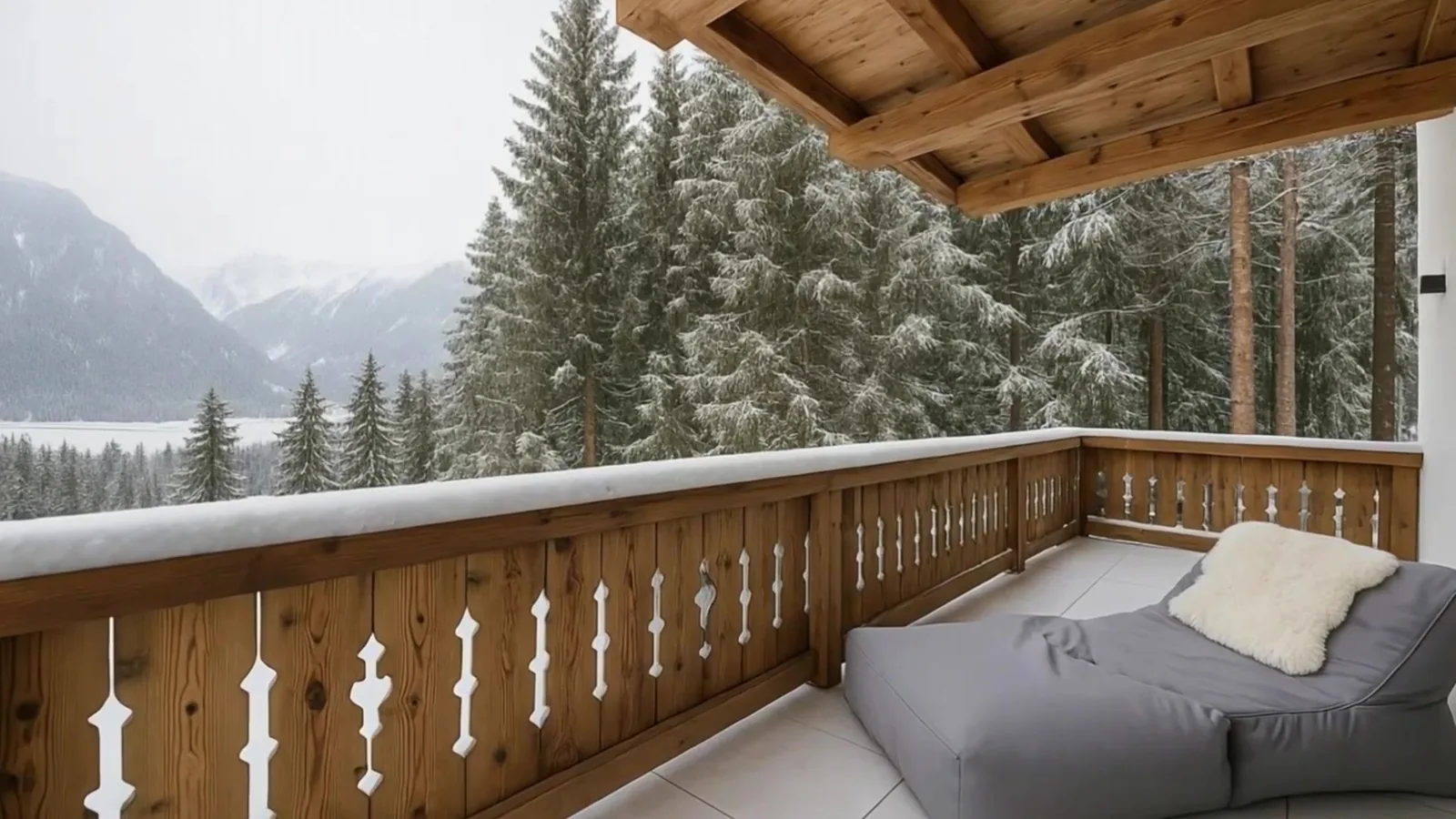 Der Balkon im Winter, Schnee auf der Brüstung, verschneite Fichten davor