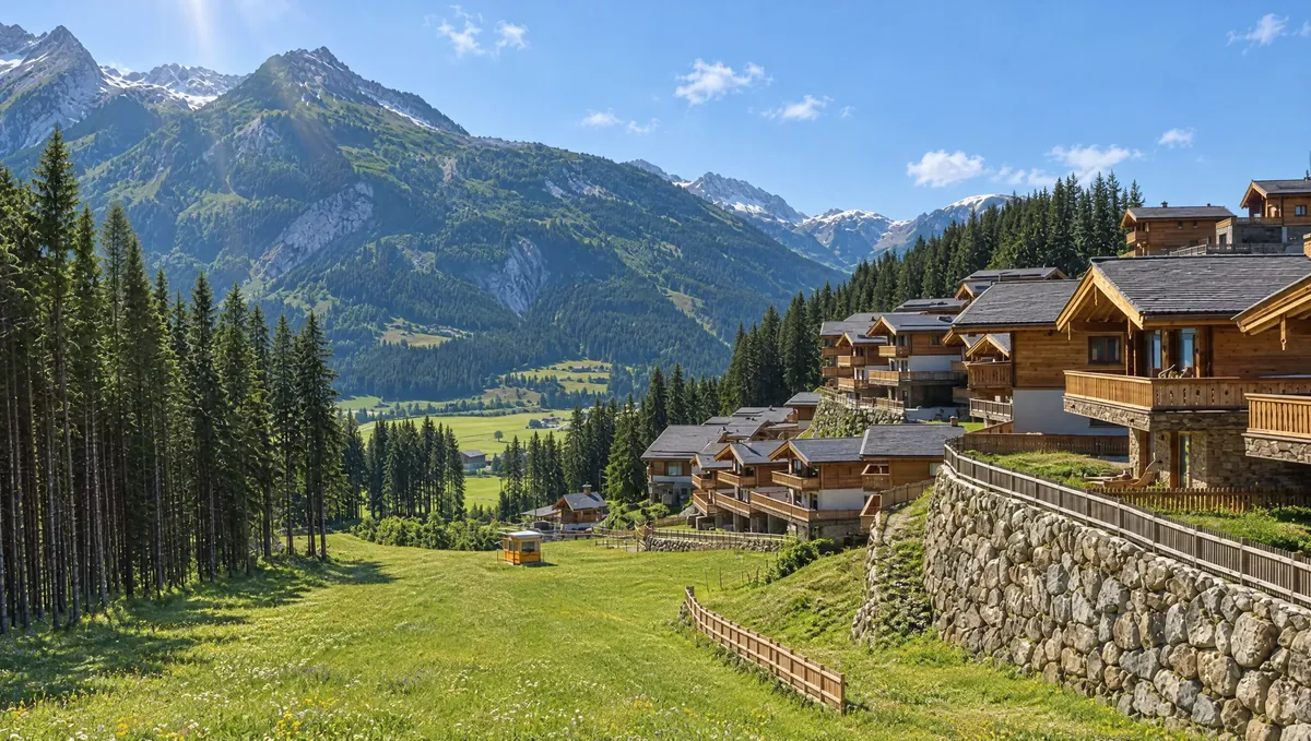 Das Chaletdorf im Sommer am grünen Hang, dahinter das Tal und die Berge