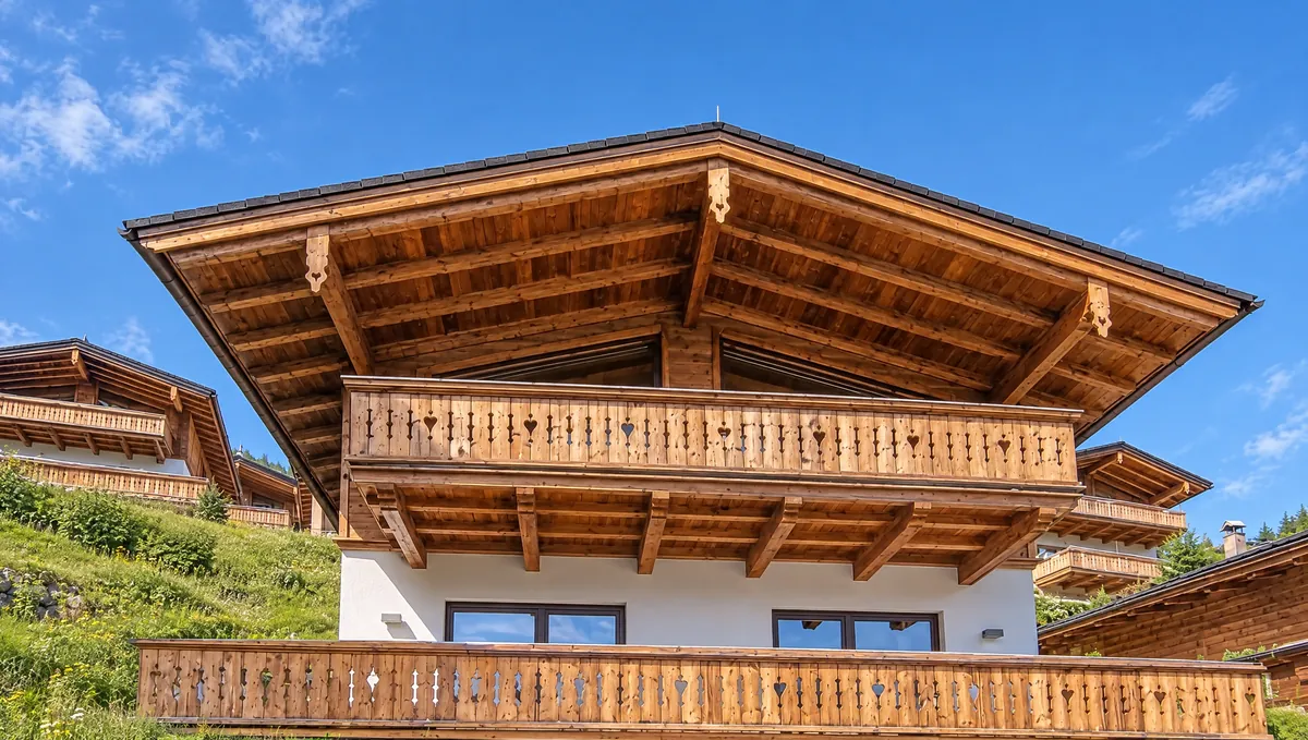 Das Chalet von unten im Sommer, Giebel mit weitem Dachüberstand und geschnitzten Balkonen vor blauem Himmel