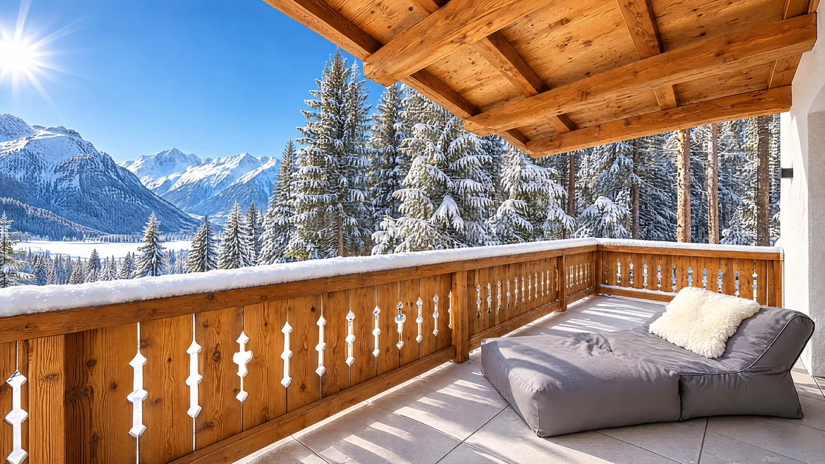 Der Balkon im Winter mit Liegesack und Fell, davor verschneite Tannen und das Tal