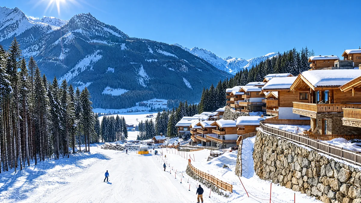 Die Piste am Chaletdorf im Winter mit Skifahrern, daneben die Chalets am Hang, dahinter das Tal