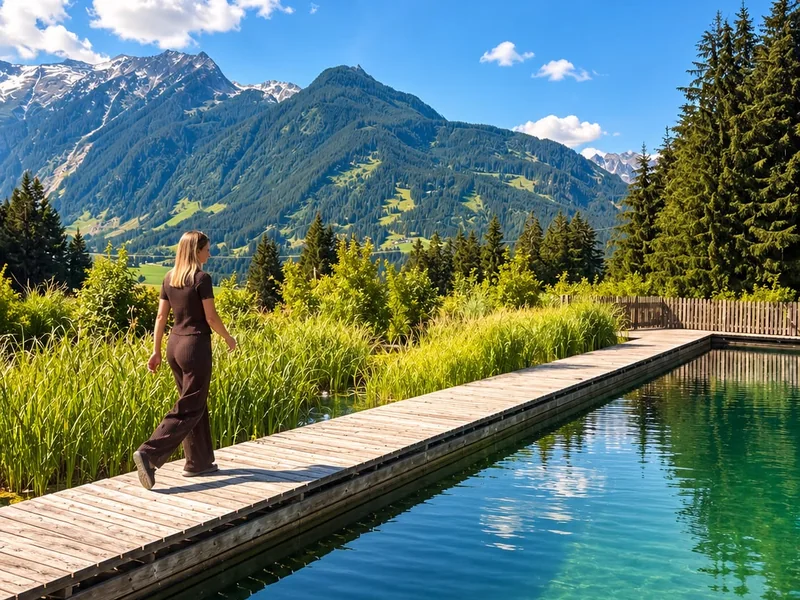Der Naturpool im Chaletdorf mit Holzsteg, dahinter Wald und Berge